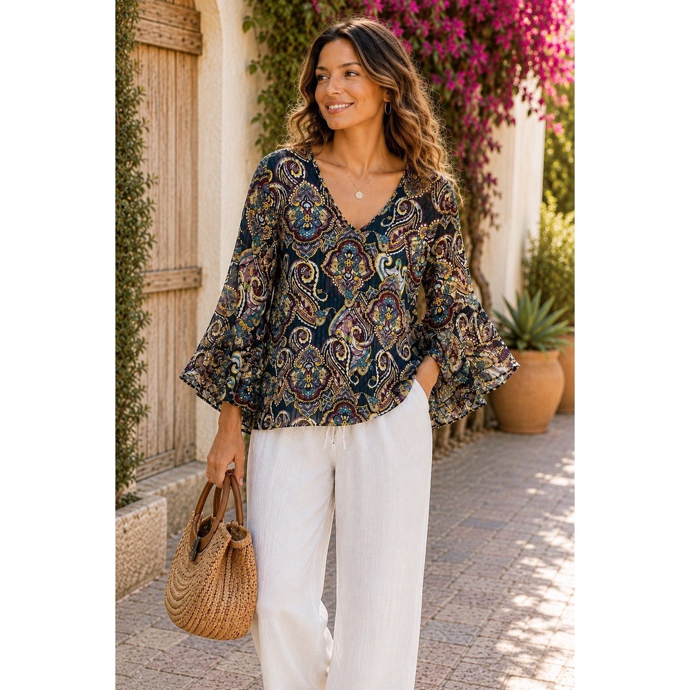A. Byer Women's Paisley Bell Sleeve S Sheer Boho Peasant Blouse Tie Back VV13